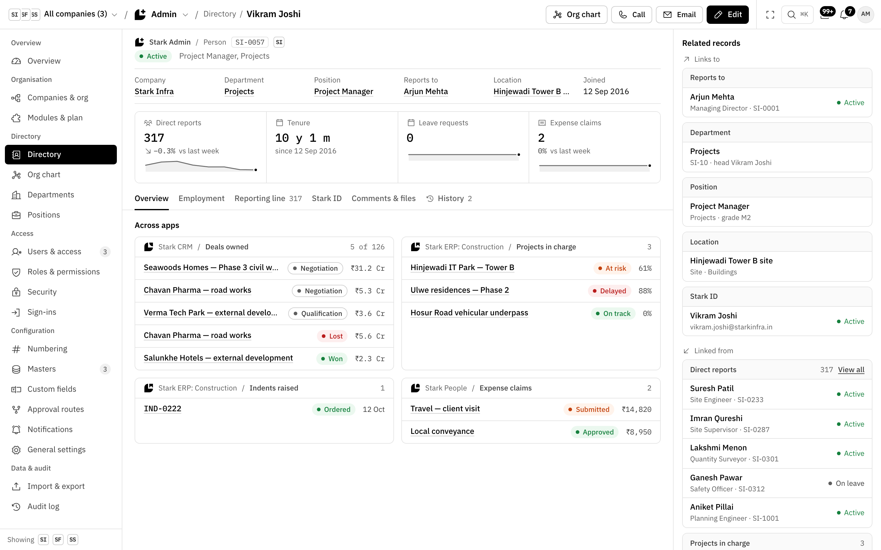 Vikram Joshi’s Stark Directory record: company, department, position and manager, and across apps his deals owned in Stark CRM, his projects and indents in Stark ERP and his expense claims in Stark People.