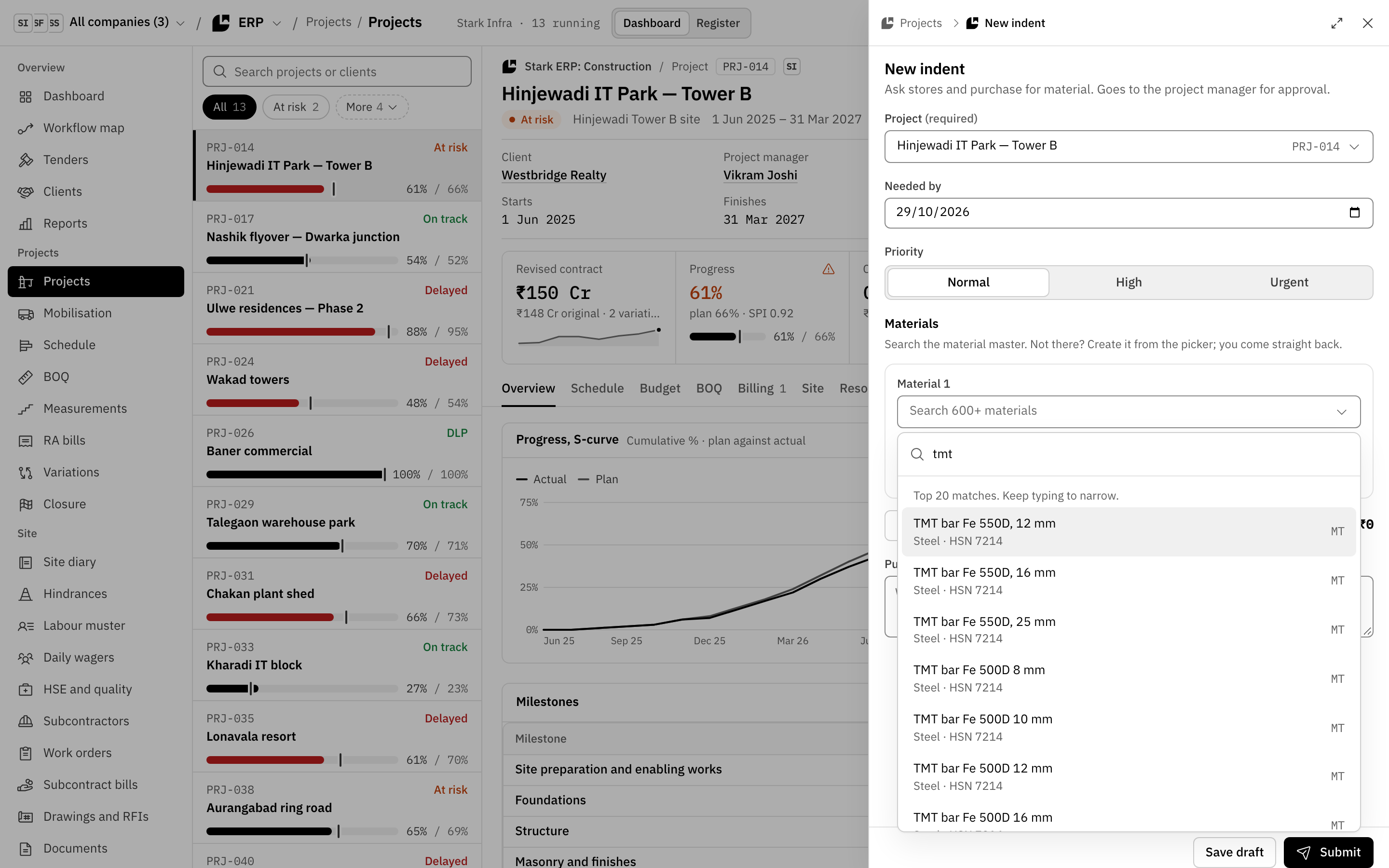 A new indent in Stark ERP for Hinjewadi IT Park, Tower B: the material search finds TMT bars by grade, with an offer to create a material that isn’t there.