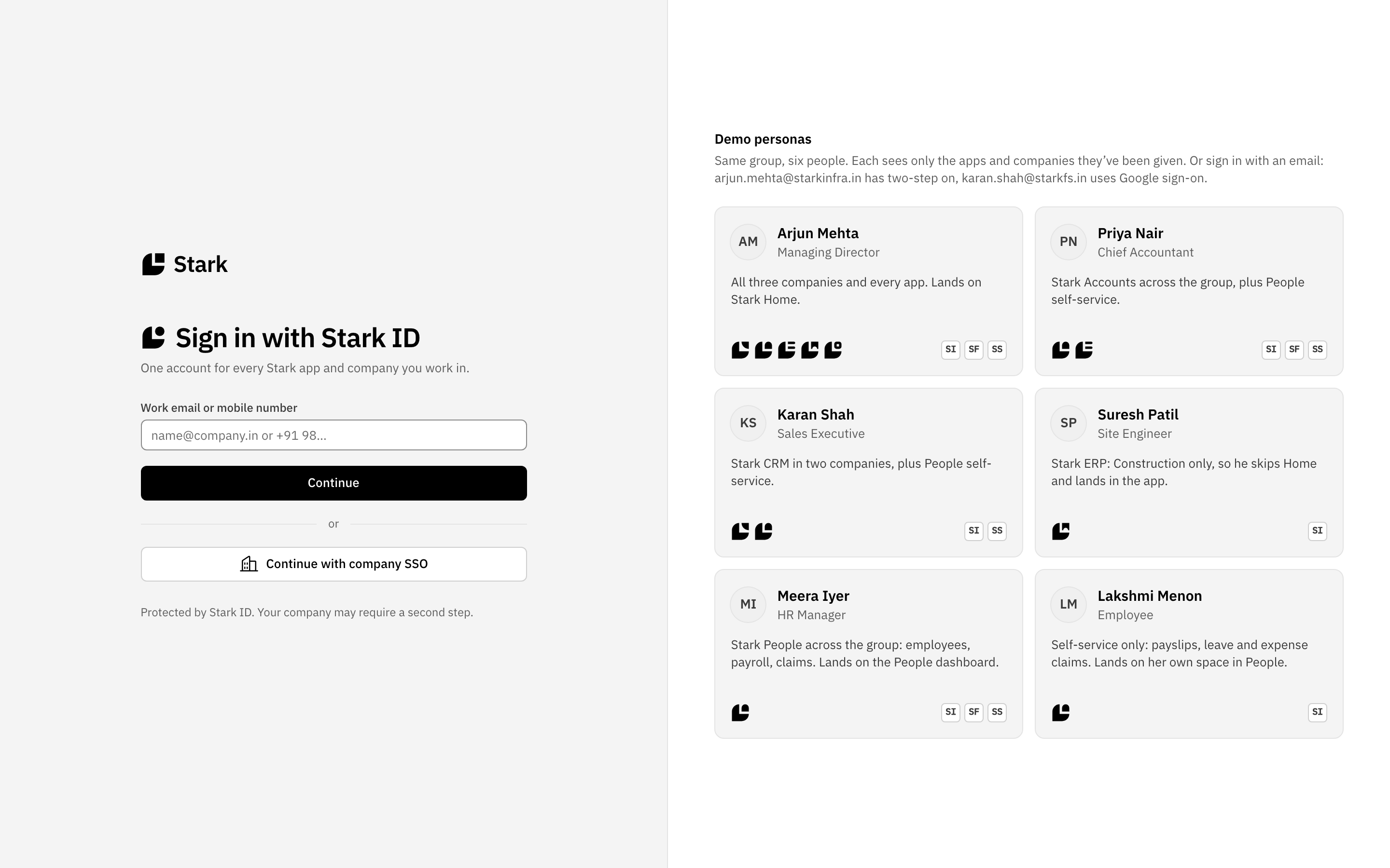 The Stark ID sign-in page: work email or mobile number, Continue, and Continue with company SSO.